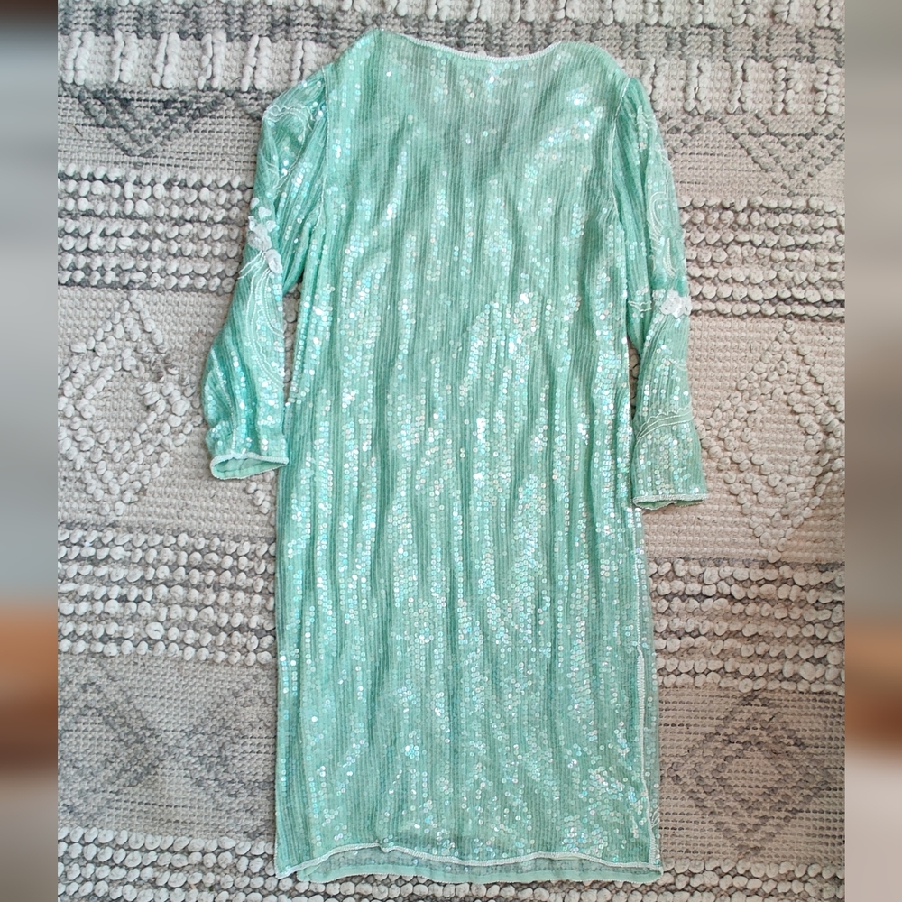 Scala Vintage Breaded Silk Flapper Dress In Aqua Size Medium - Picture 4 of 8